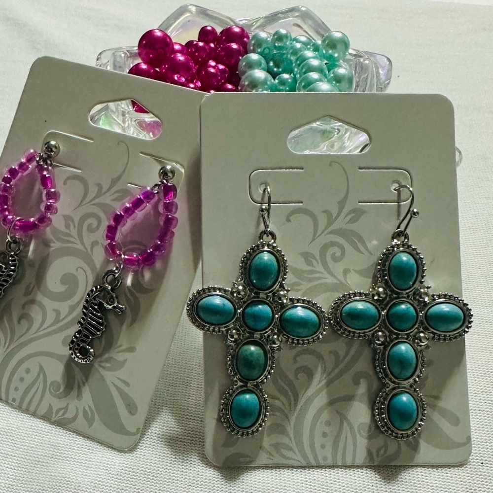 Turquoise and Pink Beaded Earrings Set